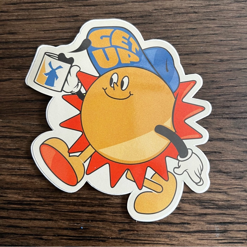 Dutch Bros Yellow & Blue 'Get Up' Sun Character Sticker